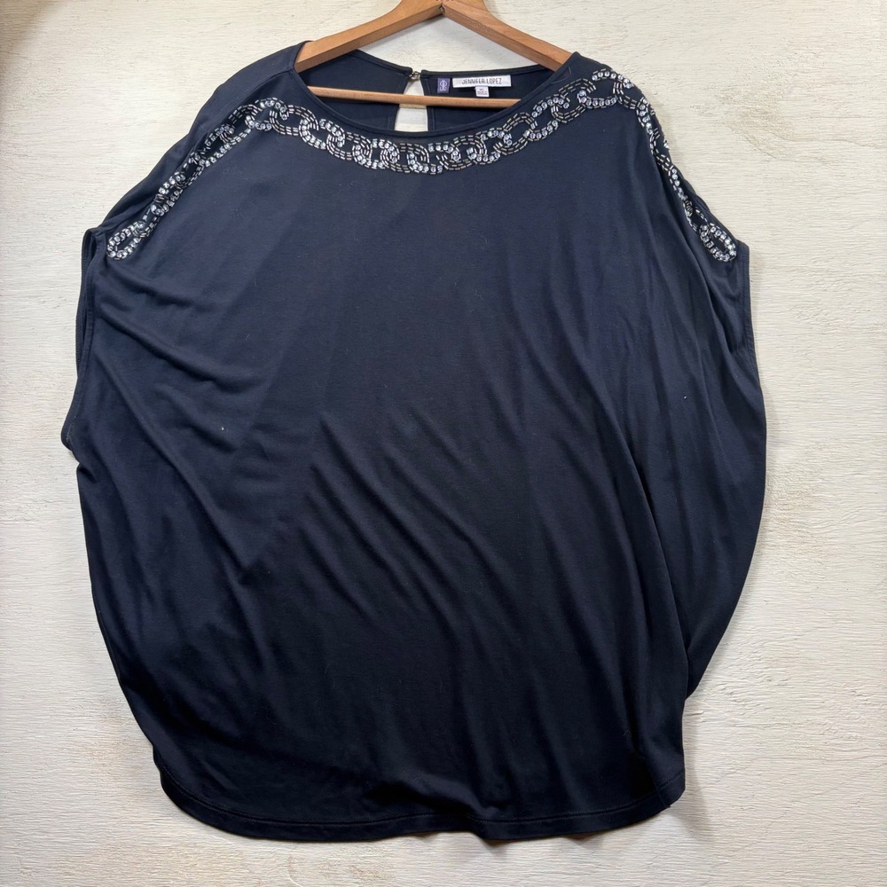 Jennifer Lopez Black Beaded Dolman Sleeve Top XL Rhinestone Keyhole Blouse